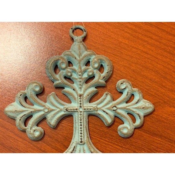 Metal Aqua Cross Wall Decor Rustic Look Ornate Small 6.5 x 5" Tall U54 - Picture 2 of 3